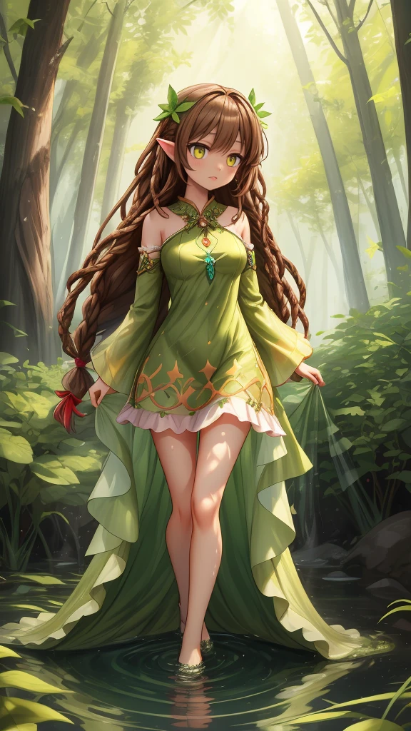 Create a mystic Fairy wearing long brown dreadlock style hair, wearing green leaf dress, she standing in water and in her Background are Fire and trees