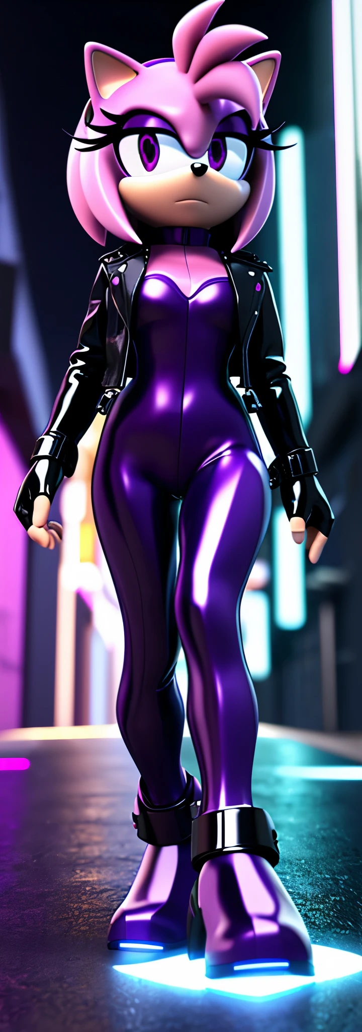 Solo, 1girl, full body image, rendered in SFM, ((sonic oc:1)), from sonic, high detail iconic character, in the new action-movie sonic, cyberpunk city, official render, 3d render official art, toon shader, ((female)), (((purple hedgehog:1))), ((shiny)) (purple fur:1.0), (((Amy rose style quills))), (((metallic purple eyeliner))) ((deep purple eyes:1.5)), ((calm neutral expression)), ray trace 4 k, ray trace 4k, (((metallic purple latex bodysuit))), (((leather jacket))), ((fingerless gloves:0.9))