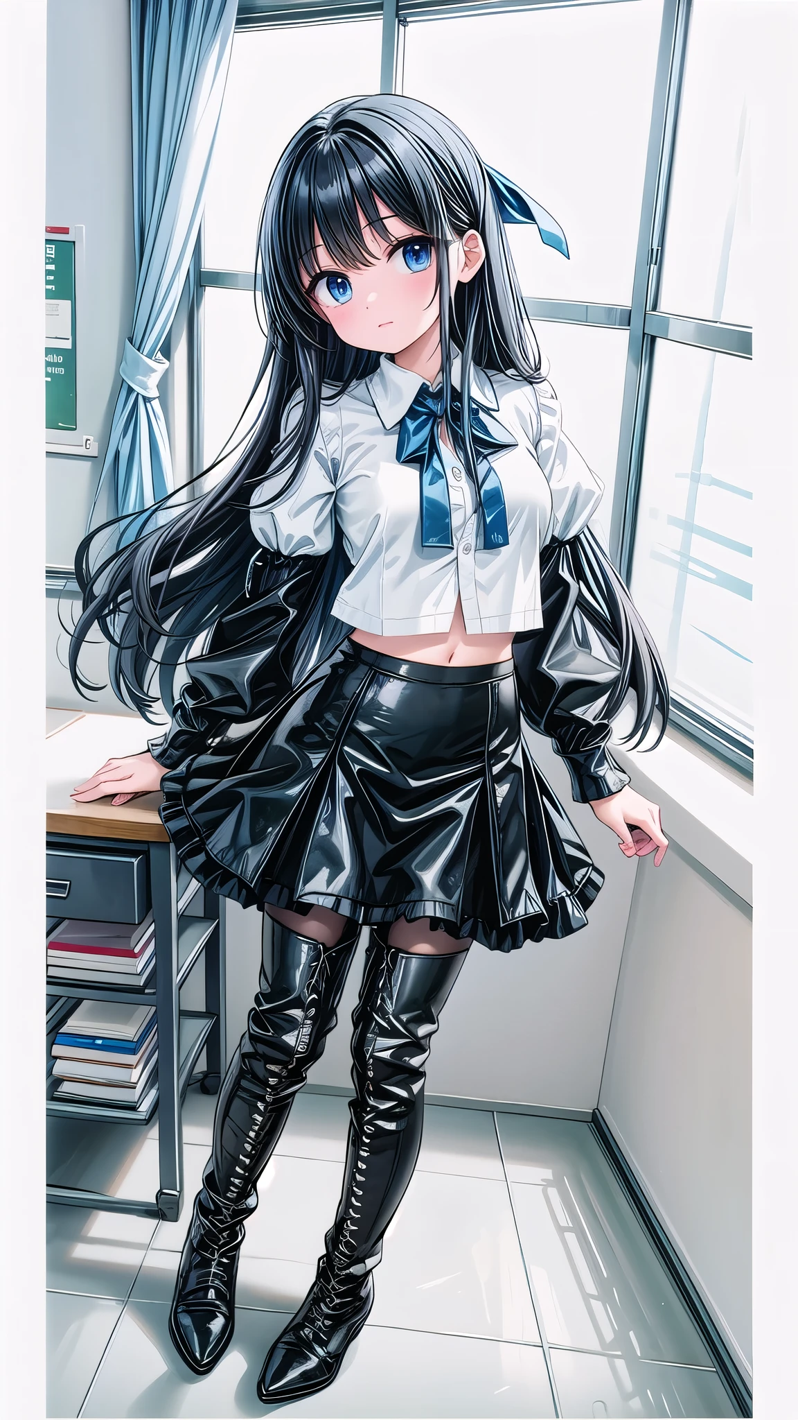 Blue long hair,Eye,White shirt,Dark black hip skirt(1.3),Black pantyhose,Black lace-up boots,teacher,Classroom scene