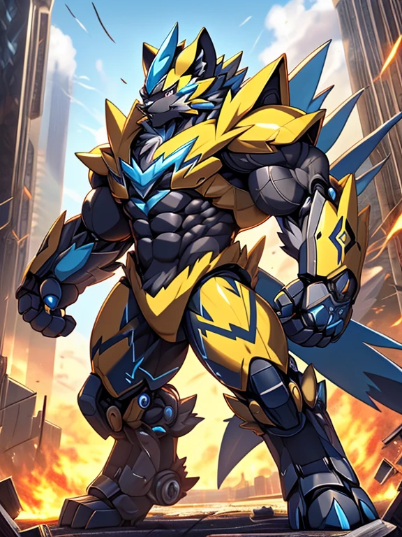 Massive mechanical zeraora rampage through a city, crushing buildings and vehicles beneath their unstoppable metal frames,
masterpiece, official art, 8k, best quality, highly detailed, terrifying and imposing design, each creature with its own unique abilities and weapons, smoke and flames rising from the destruction in the background, a lone figure, Massive mechanical zeraora rampage through a city, crushing buildings and vehicles beneath their unstoppable metal frames, masterpiece, official art, 8k, best quality, highly detailed, terrifying and imposing design, high-tech bio-mecha armor, metallic, real texture material, (ZERAORA, 8K), (gigantic muscles, Gigachad Muscular, big muscle, pecs, triceps, traps, unusually developed muscular body, body full of huge muscles. showing off muscles, pectorales enormes, Exaggeratedly huge muscles.),(Spread wings, It has wings, have big wings, golden wings), (whole body shines like metal, Wearing cyberpunk mecha, emphasizes the muscles, suit fully made of metal, intricate armor, Robotic suit, suit fully made of metal, cyborg), (giant zeraora, Zeraora's giant robot, Powered exoskeleton with the same design as Zeraora), (Masterpiece, highres) (Detailed head, Detailed Body, Detailed abs, full body)