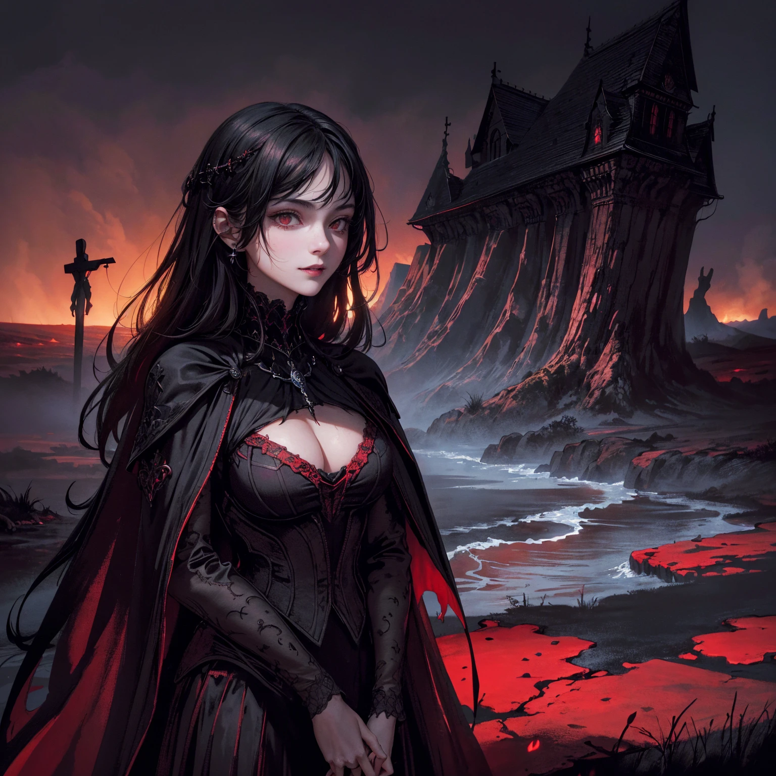 best quality, 4k, High resolution, masterpiece:1.2, Extremely detailed, Practical:1.37, Mood lighting, girl, Dangerous Smile, Crucified, Pitch black sky, Red Moonlight, Weird atmosphere, Gothic style, Unforgettable beauty, Dramatic shadows, Ethereal Light, Mysterious atmosphere.