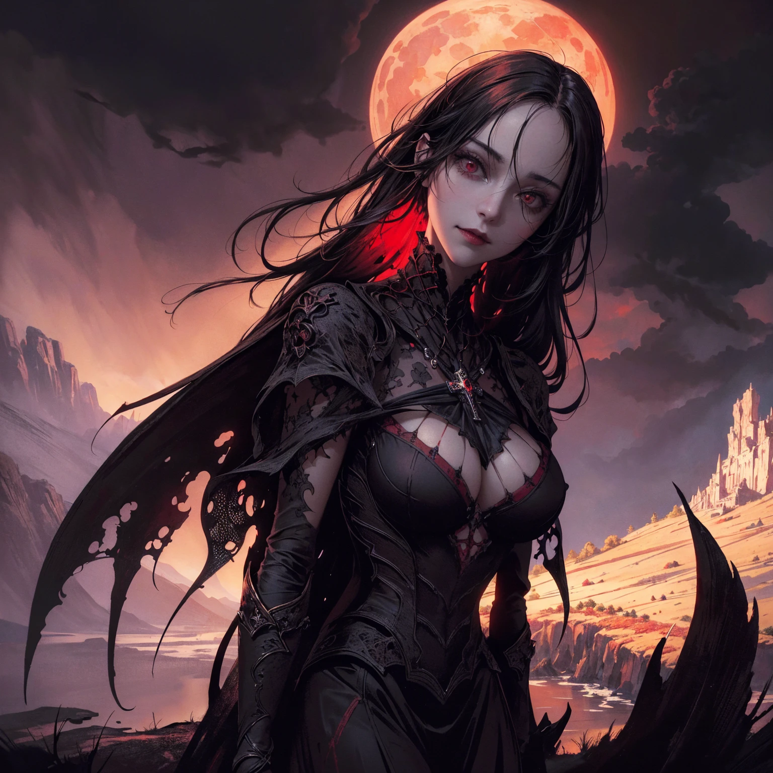 best quality, 4k, High resolution, masterpiece:1.2, Extremely detailed, Practical:1.37, Mood lighting, girl, Dangerous Smile, Crucified, Pitch black sky, Red Moonlight, Weird atmosphere, Gothic style, Unforgettable beauty, Dramatic shadows, Ethereal Light, Mysterious atmosphere.