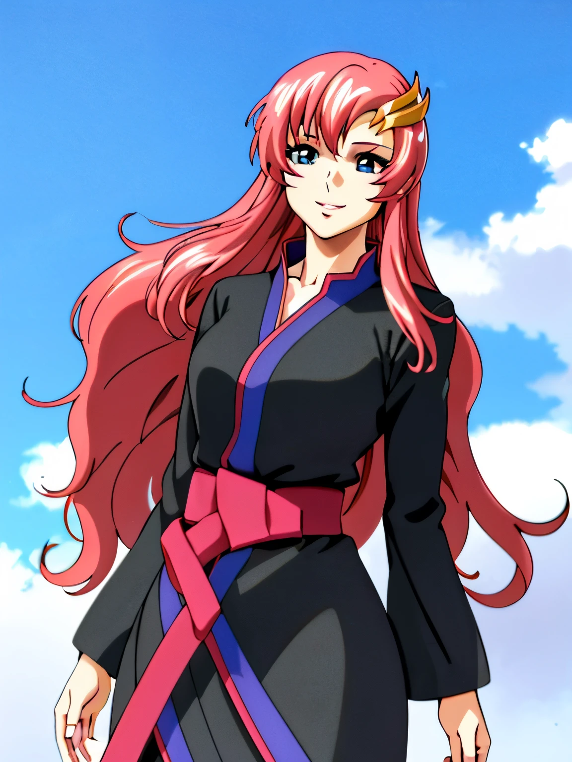 lacus4, (thin girl, masterpiece, cowboy shot, 4K, Best Quality, Anime style: 1.9, happy, tall woman, Adult Woman, (Crowd, cloud background), Drawing lines, high resolution, lacus4), 1girl, Solo, curvy figure, clavicle, scapular, (slim arms), large hands, (Detailed wide hair bangs, Hair Ornament, Detailed reddish-pink hair, shiny streaks, slim arms, detailed golden crest, long hair). (Big blue eyes, shiny eyes), ((female wrestler, (slim body), slim arms, closed fists)), ((perfect proportions)), ((black long abaya, black long abaya)), smile with a wink, (standing, hot colors), detailed fingers, 