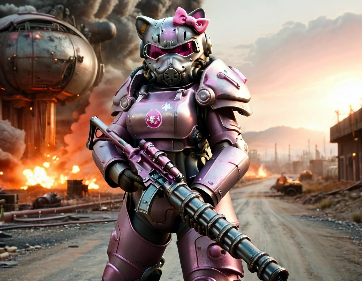 High Resolution, High Quality , Masterpiece. Hello Kitty clad in "Brotherhood of Steel" power armor, anime-style realism meets post-apocalypse aesthetic, recognizable pink bow, gripping a firearm with a fierce countenance beside an omnipresent, confusing wasteland, scars of battle etched upon the armor, intricacy elevated to a masterpiece, ambiance of a Steven Spielberg epic, 4K resolution, sharp focus on character, diodes emitting light amid smoke and gorgeous. ultra fine, brilliance of the stance against an inspired backdrop