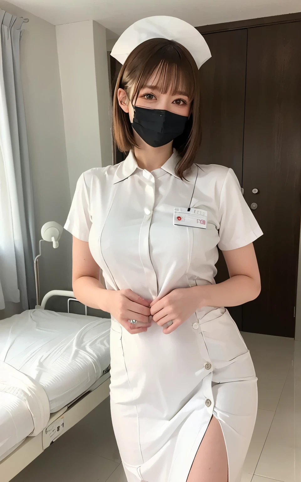 1 girl,(Wearing white nurse clothes:1.2),(RAW Photos, highest quality), (Realistic, photo-Realistic:1.4), masterpiece, Very delicate and beautiful, Very detailed, 2k wallpaper, wonderful, finely, Very detailed CG unity 8k wallpaper, Very detailed, High resolution, Soft Light, Beautiful detailed girl, Very detailed eyes and face, Beautiful and detailed nose, finely beautiful eyes, nurse, Perfect ???????, Black Hair, Upstyle, nurse uniform, ((mask)), Long skirt, nurse, White costume, thin, hospital, clear, White Uniform, hospital room, Neck auscultation,Bobcut