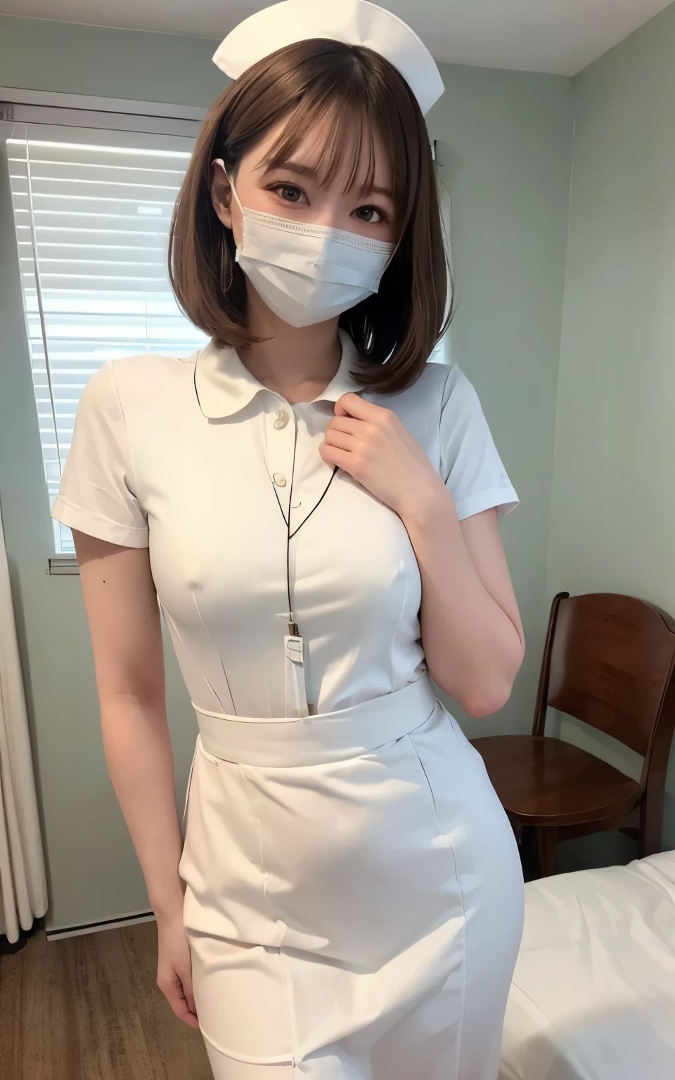 1 girl,(Wearing white nurse clothes:1.2),(RAW Photos, highest quality), (Realistic, photo-Realistic:1.4), masterpiece, Very delicate and beautiful, Very detailed, 2k wallpaper, wonderful, finely, Very detailed CG unity 8k wallpaper, Very detailed, High resolution, Soft Light, Beautiful detailed girl, Very detailed eyes and face, Beautiful and detailed nose, finely beautiful eyes, nurse, Perfect Anatomy, Black Hair, Upstyle, nurse uniform, ((mask)), Long skirt, nurse, White costume, thin, hospital, clear, White Uniform, hospital room, Neck auscultation,Bobcut