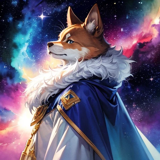Portraiture (Cape) In space, Colors of the universe, Magnificent watercolor style, (Look to the side:1.1), Furry, (alone:1.1),