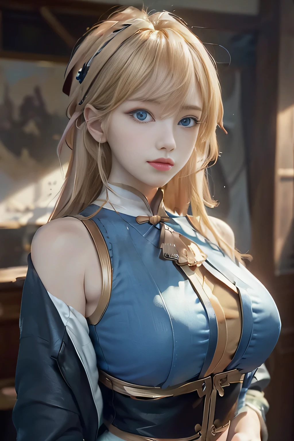 (Masterpiece, Best Quality, Big Breasts, Realism, Real, Photo: 1.4), Ji Xiaoman, Blonde, (Ulzzang-6500-V1.1:0.7), Very cute face, blue eyes, upper body, Big breasts, Real, photo