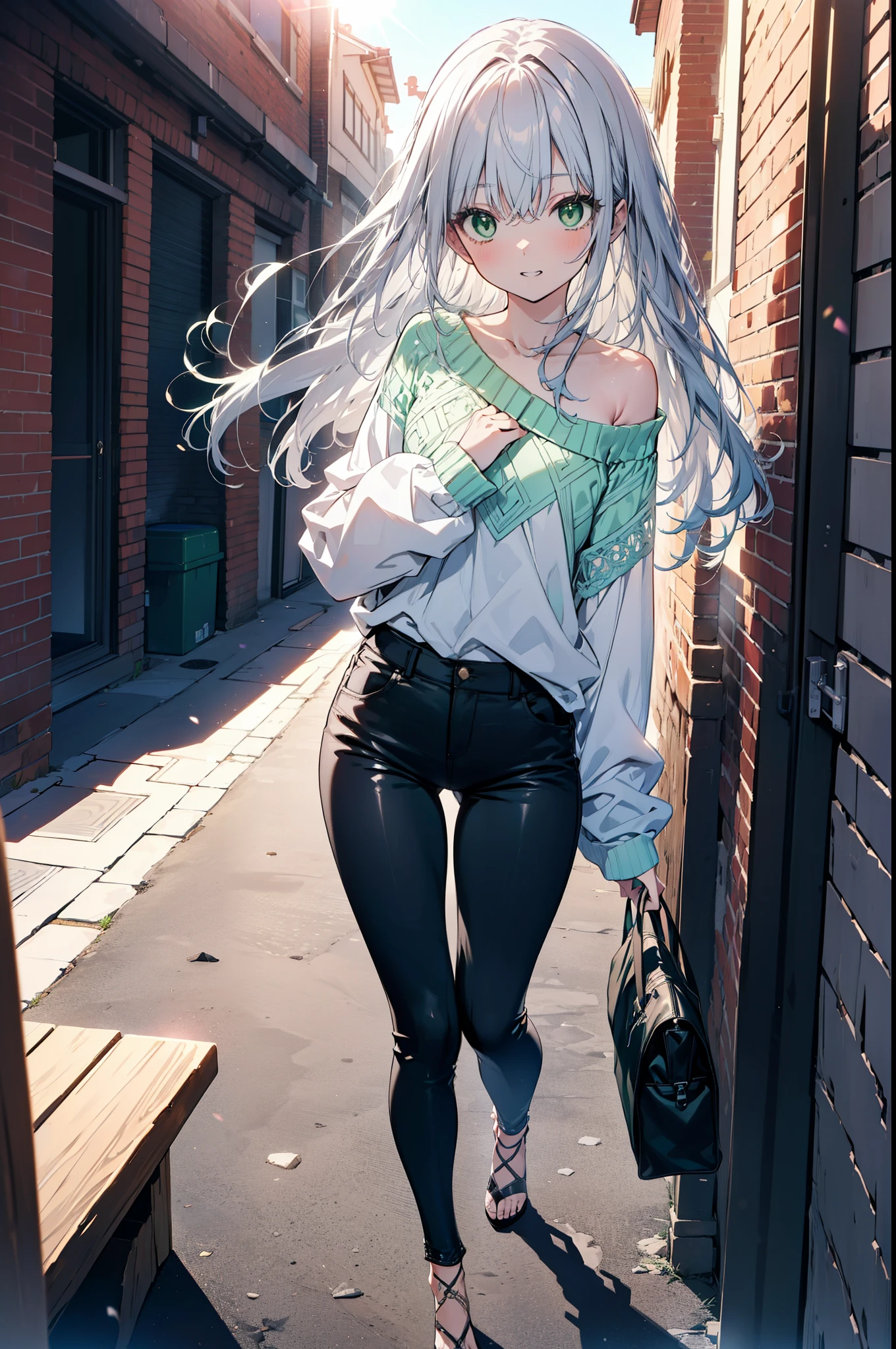 index, index, (Green Eyes:1.5), Silver Hair, Long Hair, (Flat Chest:1.2),Grin,Oversized one-shoulder yellow sweater,Skinny jeans,Stiletto heels,Sunset,evening,The sun is setting,Walking,whole bodyがイラストに入るように,Cold Sky,White Breath,
break looking at viewer, whole body,
break outdoors, Building district,
break (masterpiece:1.2), highest quality, High resolution, unity 8k wallpaper, (figure:0.8), (Beautiful fine details:1.6), Highly detailed face, Perfect lighting, Highly detailed CG, (Perfect hands, Perfect Anatomy),
