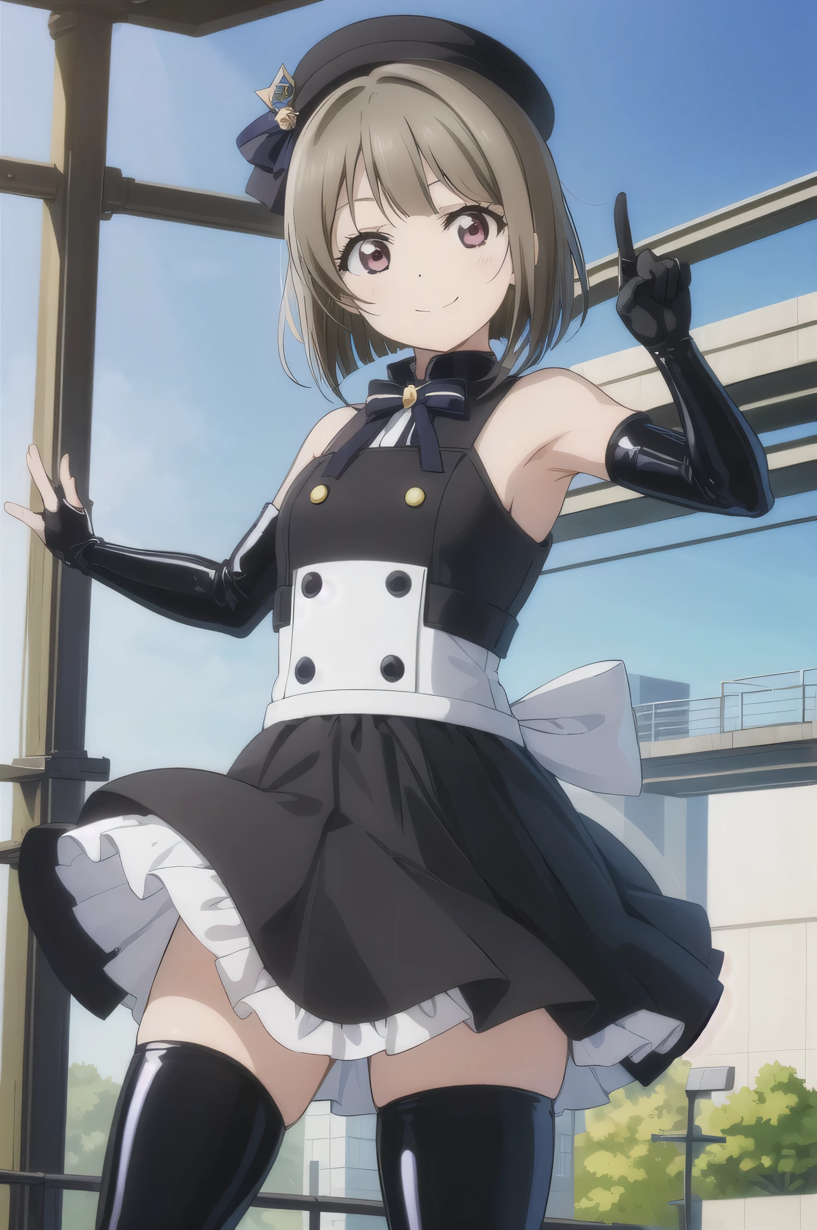 (highest quality, masterpiece:1.2), One girl, alone, cute, View Viewer, , Cowboy Shot
,nakasu kasumi, nijigasaki academy ,smile bad,smile worst,smile evil,evil smile,,shaded face,short hair,two hands,two legs,latex,latex finger,elbow gloves,thighhigh boots,five finger,