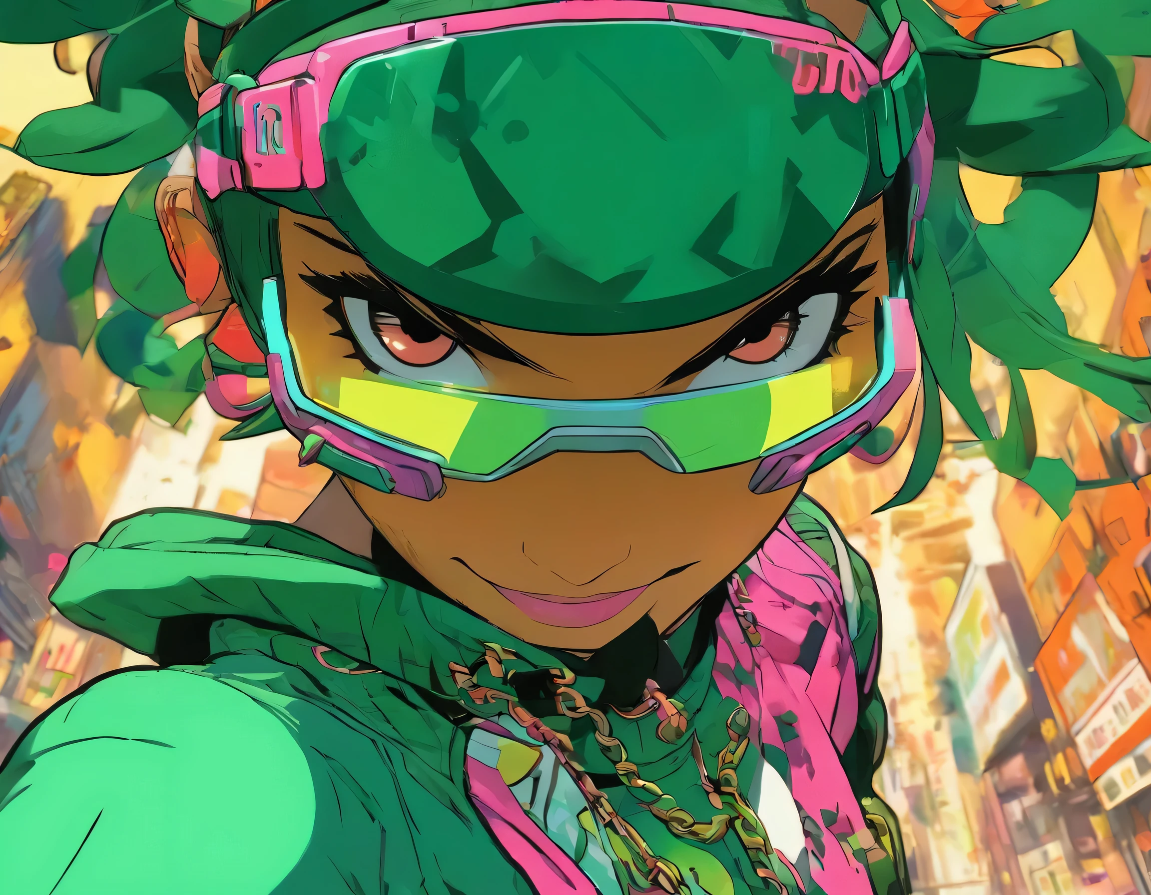 a close up of a woman in a green dress and goggles, jet set radio artwork, style of jet set radio, by Yoshihiko Wada, jet set radio, by Akihiko Yoshida, artstyle : ilya kuvshinov, by shirow masamune, cushart kenz, jet set radio future, ilya kuvshinov style