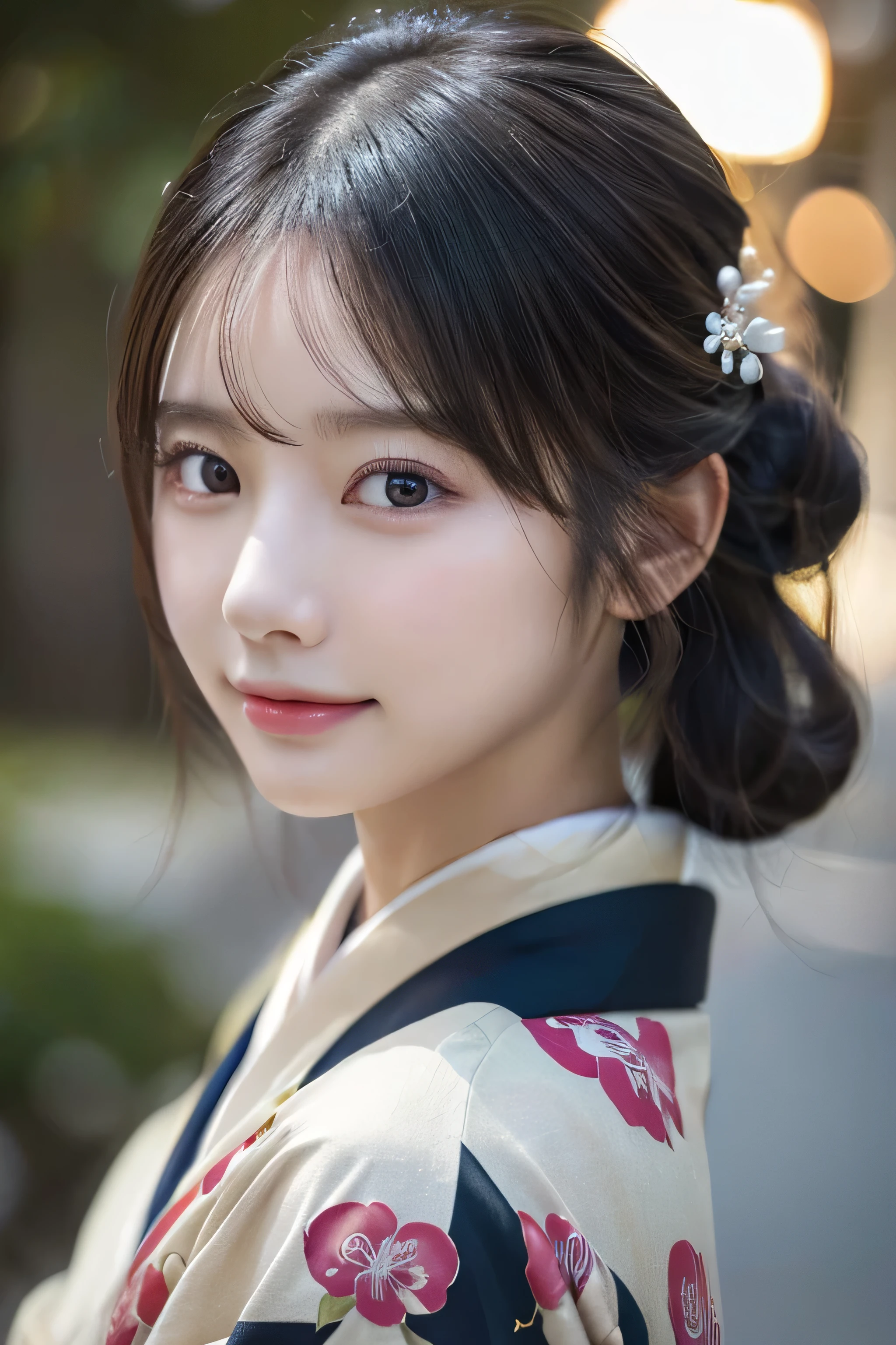 (Kimono)、((35 year old))、randome pose、(top-quality,masterpiece:1.3,超A high resolution,),(ultra-detailliert,Caustics),(Photorealsitic:1.4,RAW shooting,)Ultra-realistic capture,A highly detailed,High resolution 16K human skin closeup、 Skin texture is natural、、The skin looks healthy with an even tone、 Use natural light and color,1 girl,japanes,,kawaii,A dark-haired,Middle hair,,smil,,(depth of fields、chromatic abberation、、Wide range of lighting、Natural Shading、)、