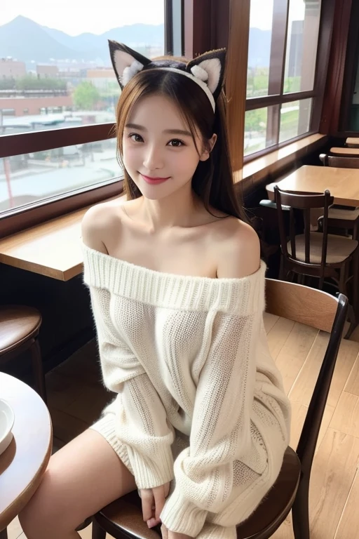 best quality, Ultra-high resolution, (Practical:1.4), cat ears headband、Off-the-shoulder white sweater、Medium breasts、valley、Beautiful woman with fair complexion、Lovely、Smile、Cafe interior in the background、Sit in your seat
