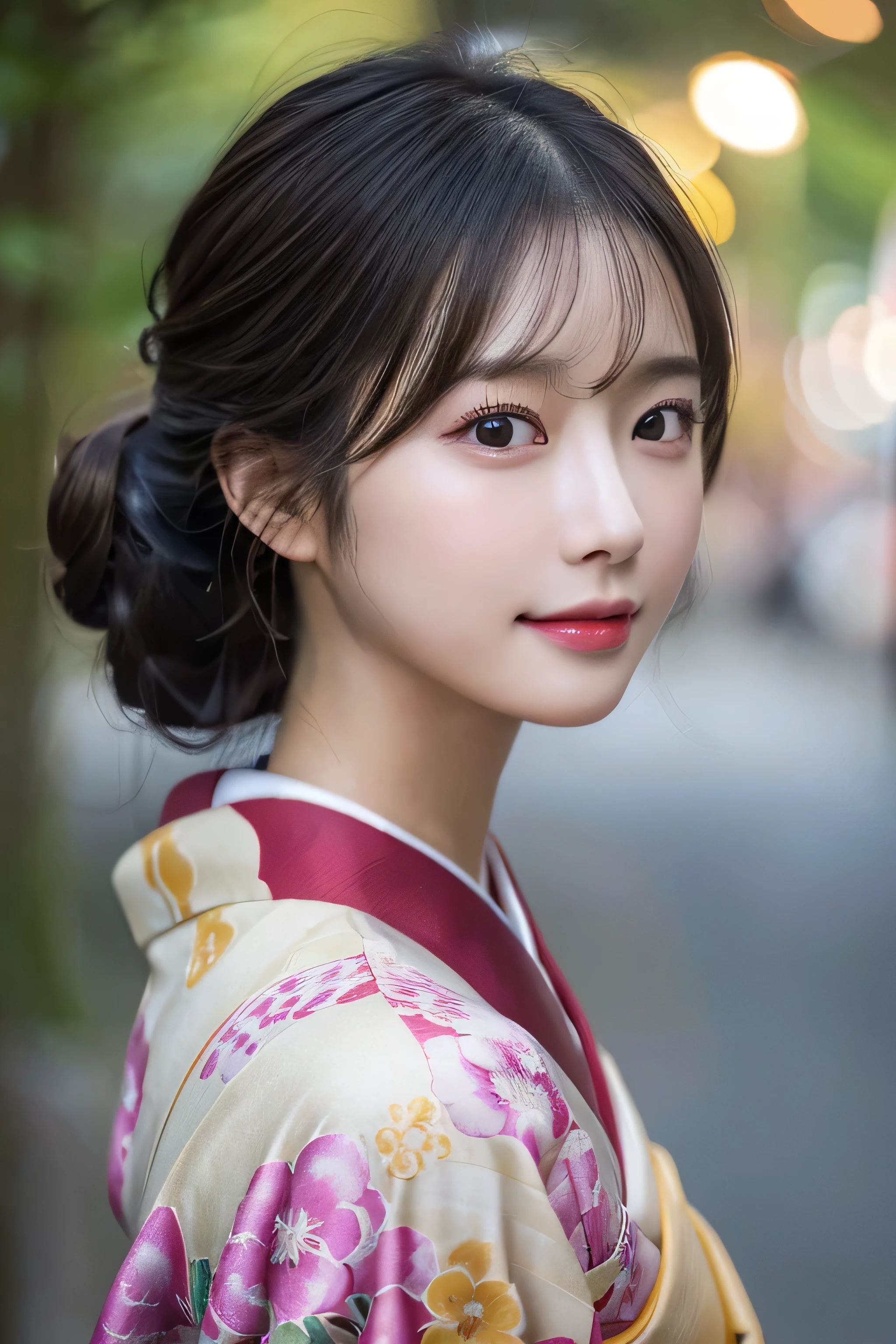 (Kimono)、((35 year old))、randome pose、(top-quality,masterpiece:1.3,超A high resolution,),(ultra-detailliert,Caustics),(Photorealsitic:1.4,RAW shooting,)Ultra-realistic capture,A highly detailed,High resolution 16K human skin closeup、 Skin texture is natural、、The skin looks healthy with an even tone、 Use natural light and color,1 girl,japanes,,kawaii,A dark-haired,Middle hair,,smil,,(depth of fields、chromatic abberation、、Wide range of lighting、Natural Shading、)、