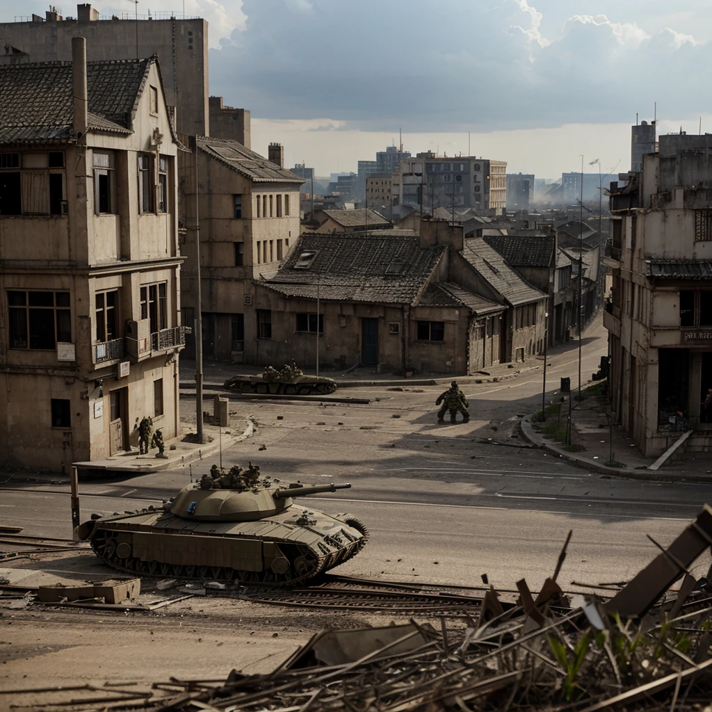 Army soldiers invade a large city in World War II.