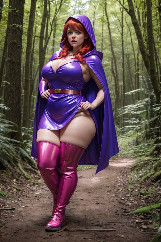 UHD 8K scene, hyper-real photo quality, beautiful young woman, red hair, bright blue eyes, short Glossy enamel pink dress with thief outfit, purple hooded cape, character Sheila from Dungeons and Dragons, in the middle of a forest,, ((thick thighs:1.2)