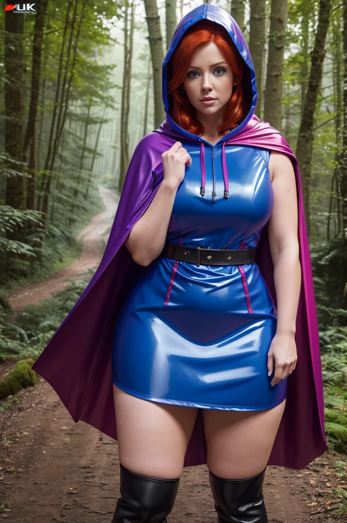 UHD 8K scene, hyper-real photo quality, beautiful young woman, red hair, bright blue eyes, short Glossy enamel pink dress with thief outfit, purple hooded cape, character Sheila from Dungeons and Dragons, in the middle of a forest,, ((thick thighs:1.2)