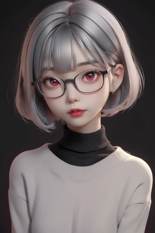 best quality, cartoon_portrait, 1girl, solo, looking at viewer, short hair, simple background,silver hair, bob cut, red eyes, closed mouth, glasses, nekomimi bands, sweater, lips, swept bangs, black background, red lips,