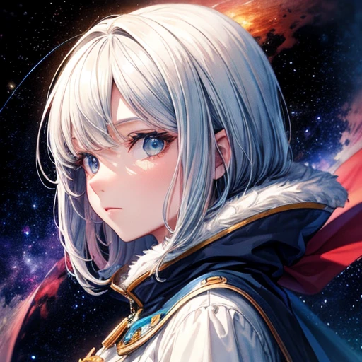 Portraiture (Cape) In space, Colors of the universe, Magnificent watercolor style, (Look to the side:1.1), Furry, (alone:1.1),woman