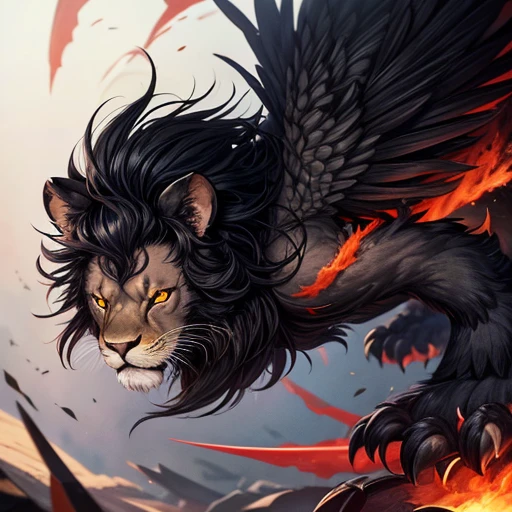 Lion, Black Hair, Red eyes, wing, Very monstrous