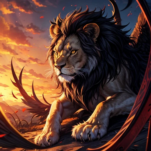 Lion, Black Hair, Red eyes, wing, Very monstrous