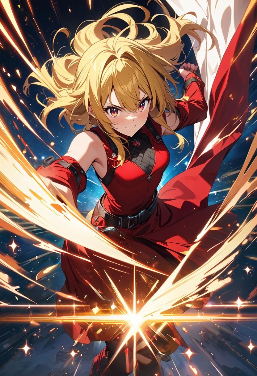 (masterpiece, best quality:1.1),
(ultra highres, ultra-detailed:1.2) ,Fictional anime cover art,anime title is "Chilipepper Girls",heroine name is "Jolokia",yellow hair,crimson Clothes,dynamic pose,(Sparkle:1.2) ,