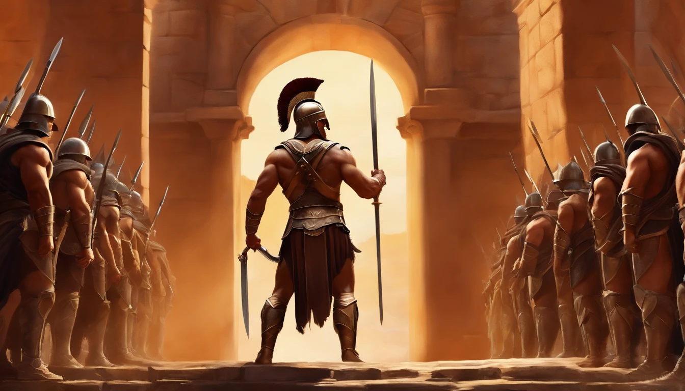 A hand-painted digital illustration of A strong muscular Spartan, triumphantly holding his sword in the air while standing over an army on a castle.