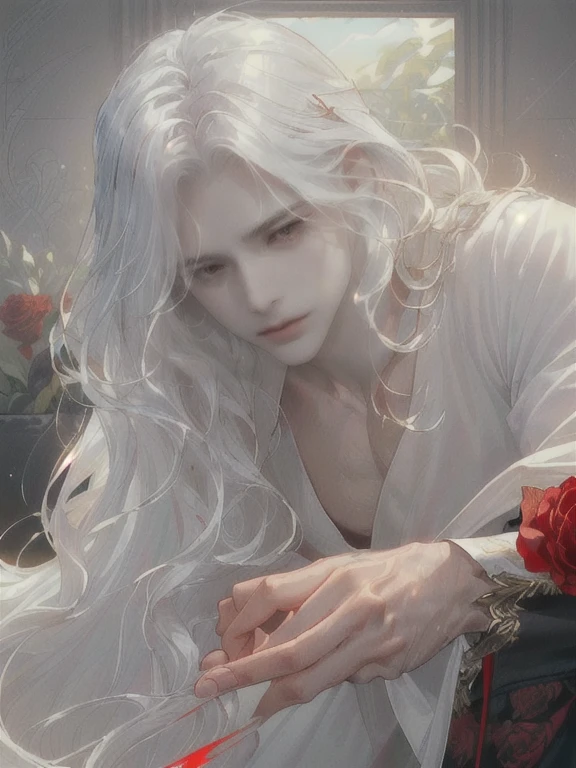 ((pale skin)) ((one ceo medical male)) (((male with sharp siren eyes)))(((very red eyes)))((((very white white hair glowing))))(((blunt blunt bangs))) ((long very very wavy hair)) ((lean lanky man))((very wavy hair))((office))((manly yet soft face))((handsome face))(((red red eyes)))((rectangle face shape))((SHARP JAW LINE)) ((THIN EYEBROWS))((ROSES)) ((SOFT FEATURES WITH DEFINED SHARP JAWLINE)) ((GLOWING ETHEREAL)) ((RED RED SMALL SIREN EYES MALE SEXY EYES)))(((BLUNT BLUNT spreaded BANGS))((elegant))((soft look))((close up one male only))((wavy hair)) ((rectangle face))((wide face))