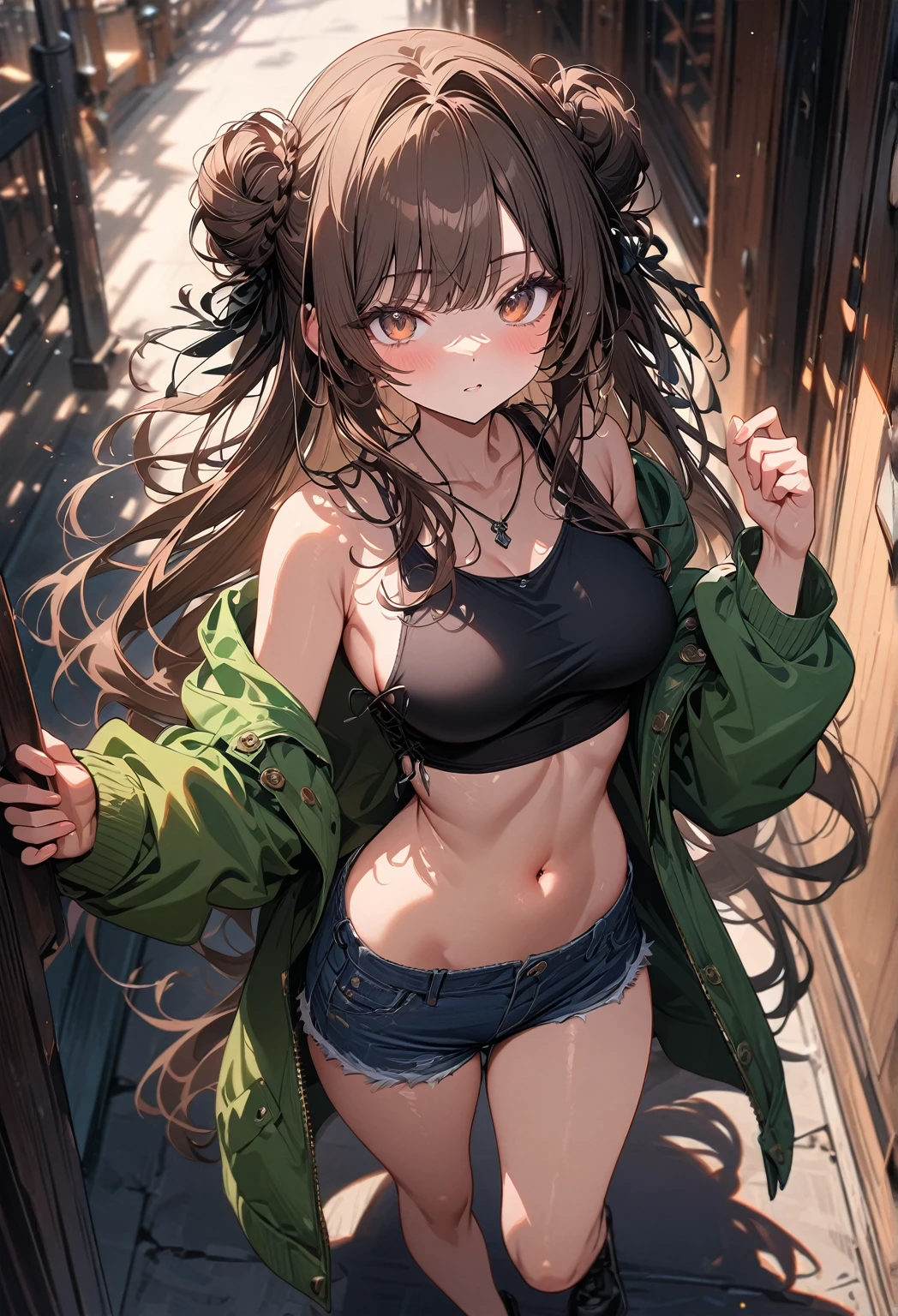 (best quality, top details, high quality, detailed, highest quality, newest, highres, ultra fine painting, masterpiece:1.2), digital art, 4k, 8k resolution, 8K CG wallpaper, CG, detailed background, blurry background high resolution, epic lighting, RAW photo, POV, sharp focus, professional photography, good lighting, soft light, soft colors, looking at viewer, detailed lights and shadows, stylish, ultra, ultra-detailed, trending art, niji style, modern-days, master crafted, pose, (top quality, details:1.37), solo, 1girl, a girl, (medium big breasts:1.2), tight bust, big thighs, short torso, flushtered, casual, innocent face, cute, slim), nice hips, nice body, brown hair, long flowing hair, twin buns hairstyle, long bangs, long hair, middle hair bangs, brown eyes, full body, ((black string tanktop:1.2), tummy skin, off shoulder open green hoodie, shorts)