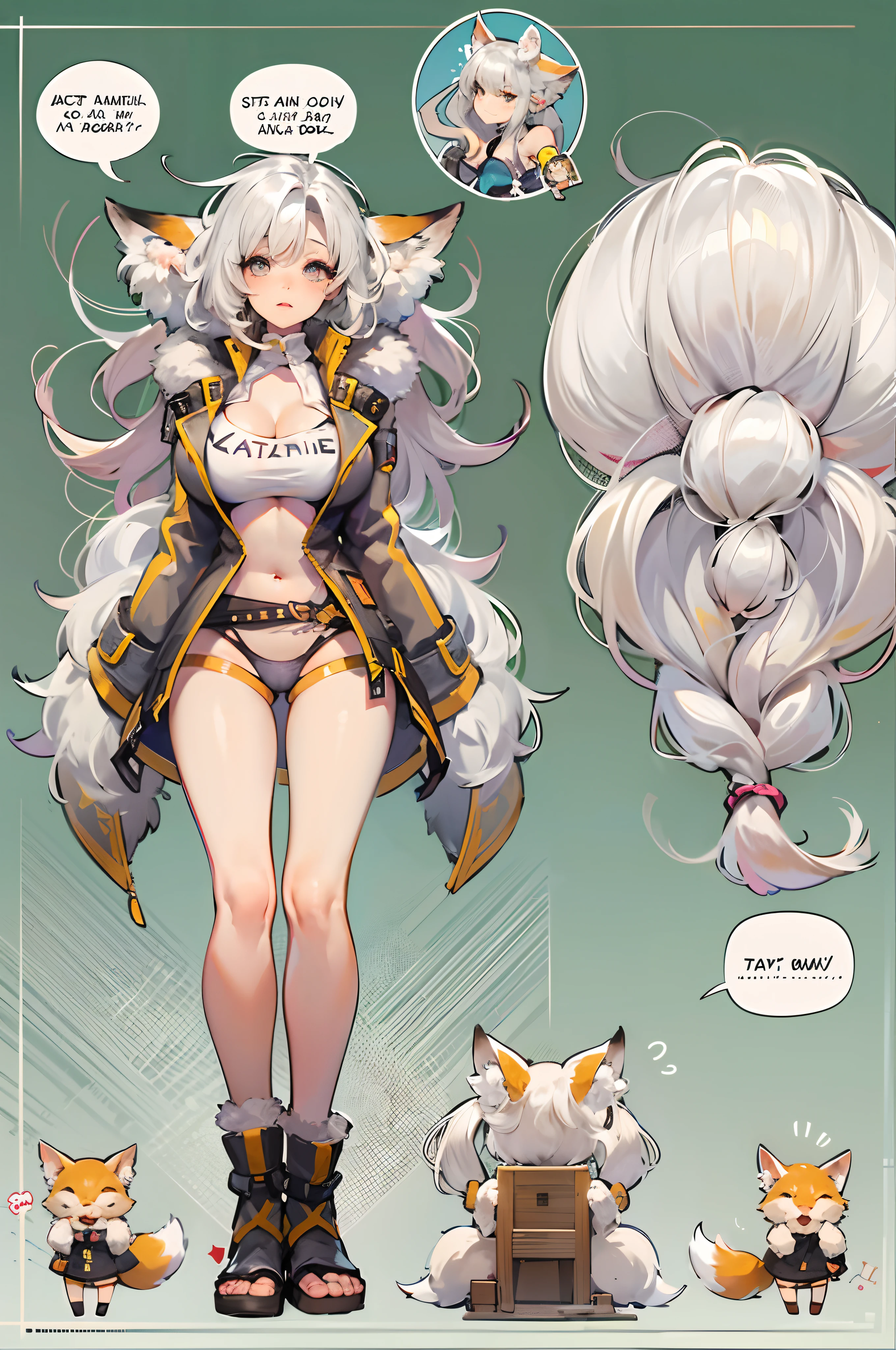 a beauty girl,Mature face,a matural female,Fluffy tail hair,Ultra-loose underwear,clothes slipping off,Anterior convex and posterior,Straight chest,Ruddy complexion,Huge fox tail,nabel,(huge tit),adventurer,tit,areola of breast,pantiess,Stockings,Character introduction,,(huge tit),People panel,Character standing drawing,(Warrant),White hair