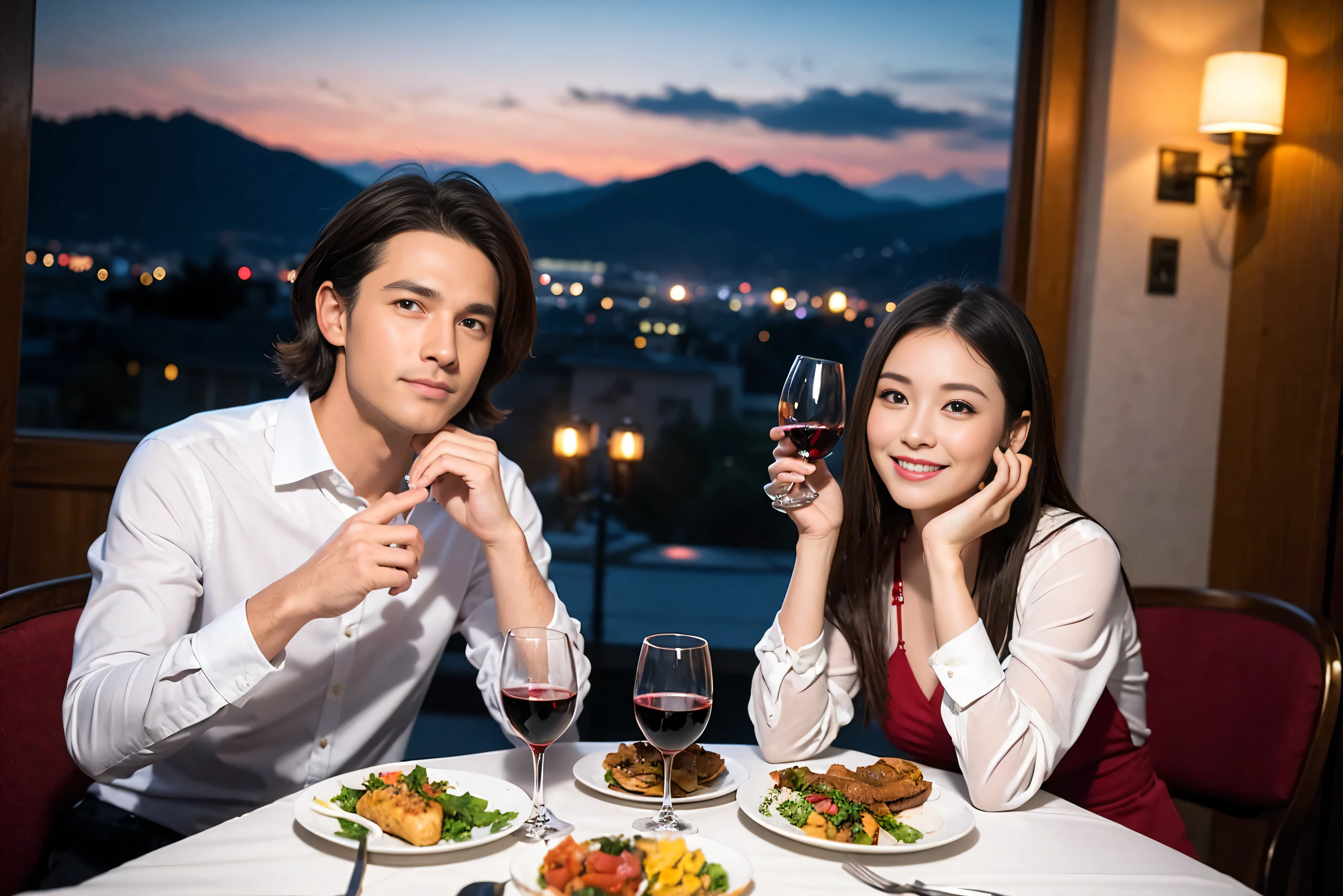 ((highest quality、8k、masterpiece:1.3))、1 male 1 female、lover、Beautiful couple、smile、full-course dinner、 (Slim face), (the body is スリム), (Brown Hair), (Shortcuts), ((Bob Hale、Straight hair:1.2)), Wine glass on the table、Please shine a light on my face、 Amazing view of the sunset sky and clouds、Amazing mountain views、The beauty of a smile、Bright image、Blushing, Shortcuts,Bright Face、 (42 years old), 39 years old, red wine 、Appetizers、Italian food、Wine bottle、Champagne、sparkling wine、Long sleeve shirt、dress、Attractive beauty、restaurant, Nova Frog Style, actress, model, Upper Body, White wine, red wine, wine glass, 