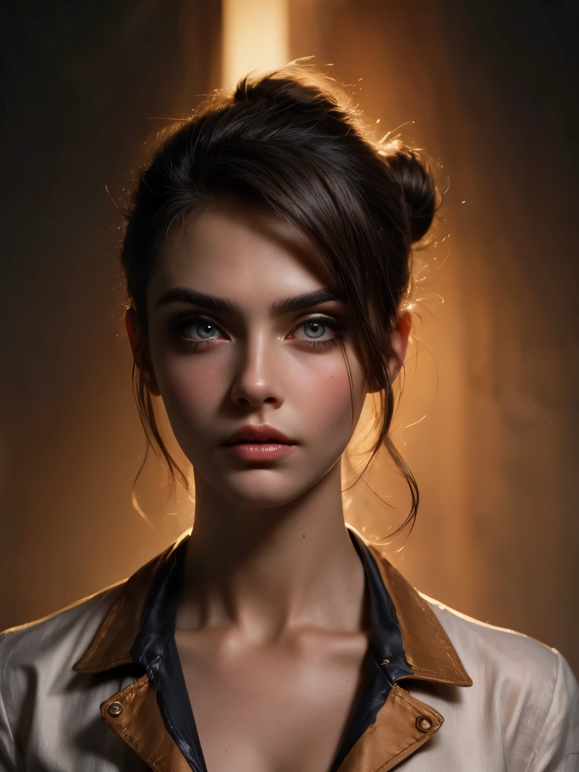 ((( portrait))) of beautiful brunette (female) in her 30s ,mature look, (small mouth) but (thick kissable lips), shy gaze, ((((tiny snob nose)))) ,( prefect shaped eyes),((blue eyes)) ,long eyelashes, eyeliner ,((( thick eyebrows))) , charming, cute ,  ((( sleek slicked back hair bun ))), ( black hair), fair skin, modern look, stylish , classy,  wearing Unbuttoned classic shirt, clivage ,  Castlevania style