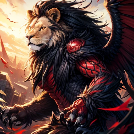 Lion, Black Hair, Red eyes, wing, Very monstrous