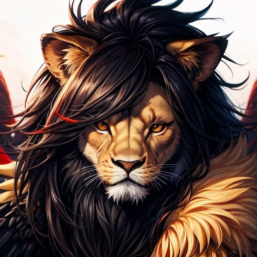 Lion, Black Hair, Red eyes, wing, Very monstrous