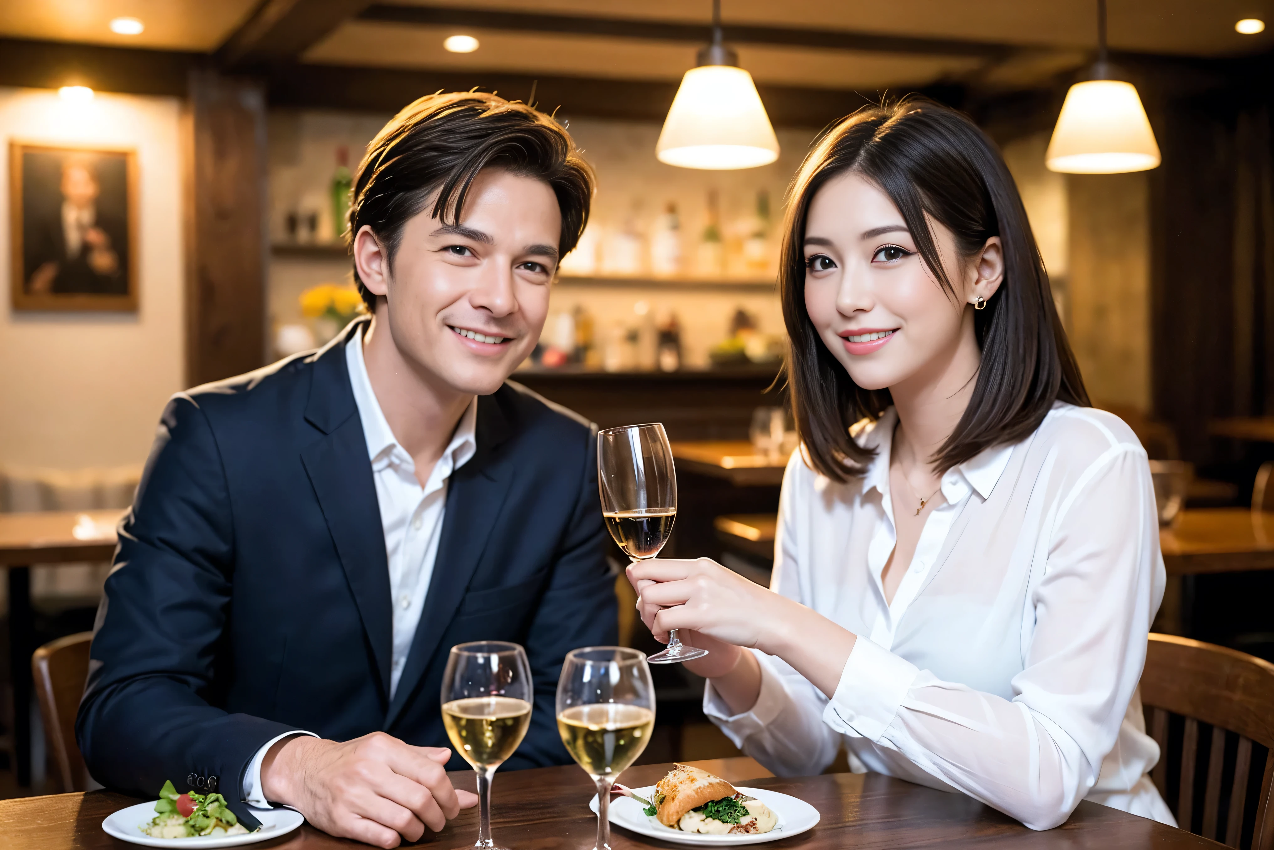 ((highest quality、8k、masterpiece:1.3))、1 male 1 female、lover、Beautiful couple、smile、full-course dinner、 (Slim face), (the body is スリム), (Brown Hair), (Shortcuts), ((Bob Hale、Straight hair:1.2)), Wine glass on the table、Please shine a light on my face、 Amazing view of the sunset sky and clouds、Amazing mountain views、The beauty of a smile、Bright image、Blushing, Shortcuts,Bright Face、 (42 years old), 39 years old, red wine 、Appetizers、Italian food、Wine bottle、Champagne、sparkling wine、Long sleeve shirt、dress、Attractive beauty、restaurant, Nova Frog Style, actress, model, Upper Body, White wine, red wine, wine glass,