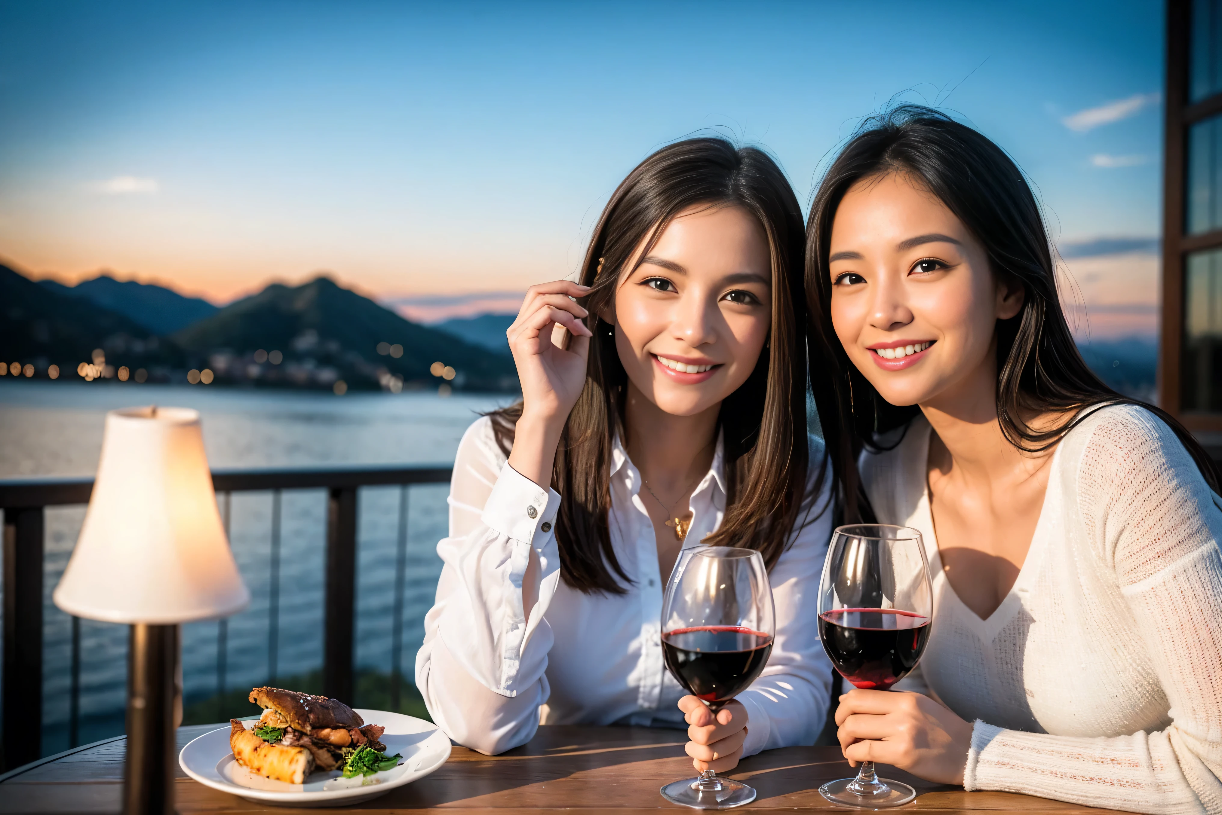 ((highest quality、8k、masterpiece:1.3))、1 male 1 female、lover、Beautiful couple、smile、full-course dinner、 (Slim face), (the body is スリム), (Brown Hair), (Shortcuts), ((Bob Hale、Straight hair:1.2)), Wine glass on the table、Please shine a light on my face、 Amazing view of the sunset sky and clouds、Amazing mountain views、The beauty of a smile、Bright image、Blushing, Shortcuts,Bright Face、 (42 years old), 39 years old, red wine 、Appetizers、Italian food、Wine bottle、Champagne、sparkling wine、Long sleeve shirt、dress、Attractive beauty、restaurant, Nova Frog Style, actress, model, Upper Body, White wine, red wine, wine glass, 