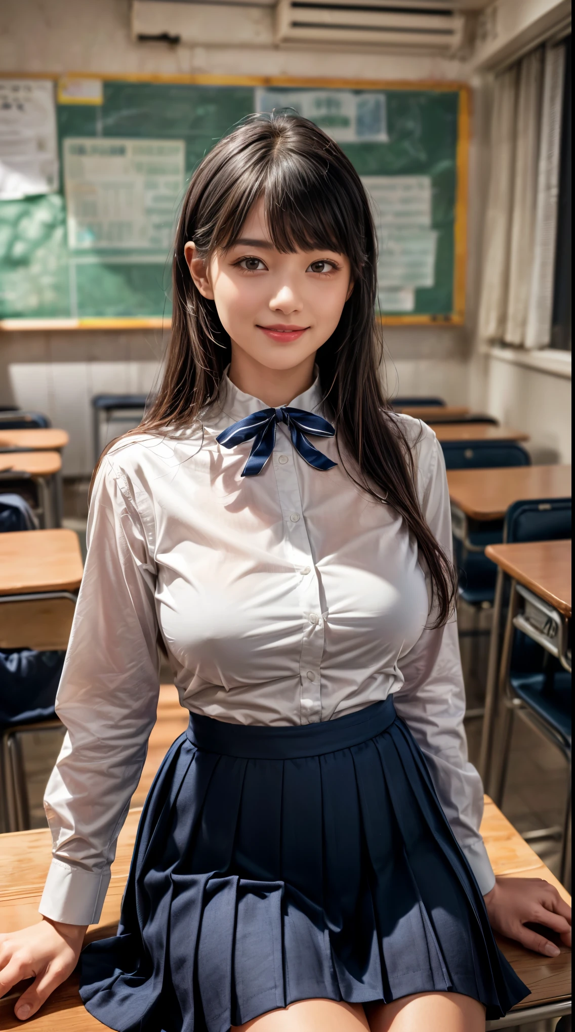 Browsing Caution:0.1、Female student in classroom、hairpin、(smile)、(Mature Woman)、(18-year-old)、Big Breasts、((A white shirt with a very tight collar))、Checkered pleated skirt、Navy blue socks、loafers、Knee-length skirt、(ribbon)、School Bags、With bangs、((Black Hair))、highest quality、超A high resolution、(Realistic:1.85)、Beautiful Japanese Eyes、Super Beauty、Perfect Style、Perfect balance、Detailed skin、((Delicate photo))，(Detailed RAW photos of girls), (Tabletop:1.25), (highest quality:1.6), (超A high resolution:1.5), (Realisticです:1.75), 8K resolution, Canon EOS R5, 50mm, Absurd, Very detailed,Cinema Lighting、