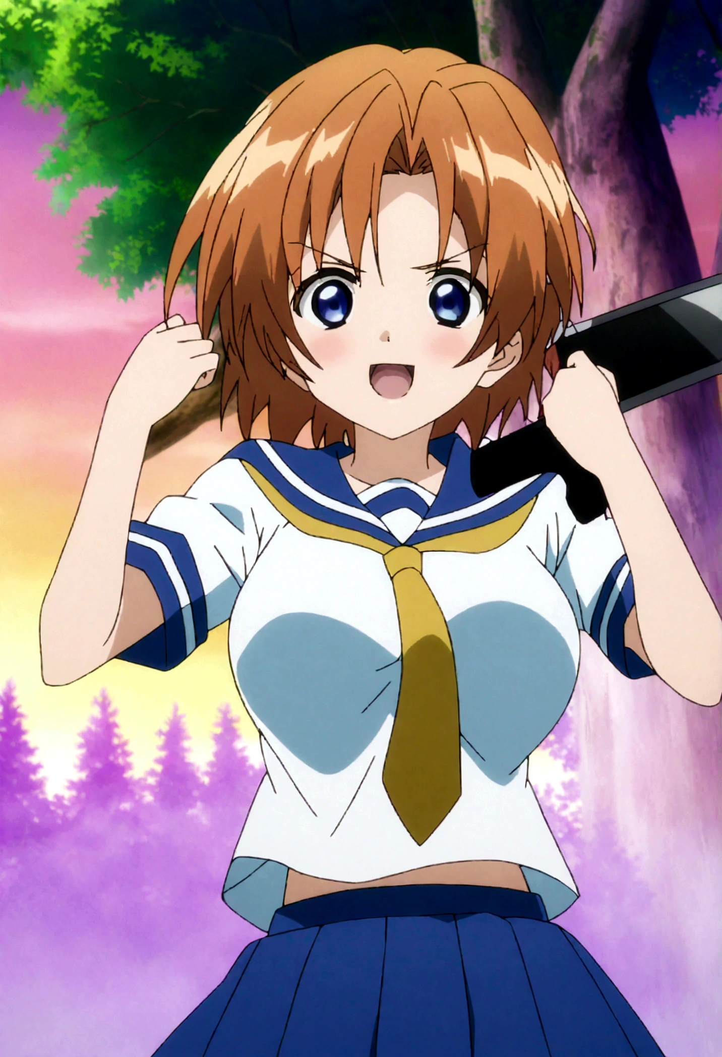 score_9, score_8_up, score_7_up, score_6_up, source_anime, anime screencap, anime coloring, 1girl, ryuuguu rena, solo, teenage, kawaii, breasts, medium breasts, blue eyes, blush, open mouth, orange hair, short hair, big breasts, simple background, white background, blue , serafuku, skirt, smile, pleated skirt, blue skirt, necktie, yellow necktie,fullbody,holding machete,hands up,straight-on,looking at viewer,battle stance,dynamic angle,forest,sunset,