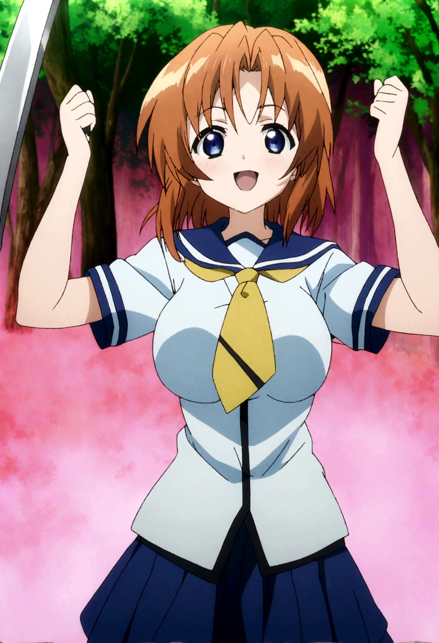 score_9, score_8_up, score_7_up, score_6_up, source_anime, anime screencap, anime coloring, 1girl, ryuuguu rena, solo, age, kawaii, breasts, medium breasts, blue eyes, blush, open mouth, orange hair, short hair, big breasts, simple background, white background, blue , serafuku, skirt, smile, pleated skirt, blue skirt, necktie, yellow necktie,fullbody,holding machete,hands up,straight-on,looking at viewer,battle stance,dynamic angle,forest,sunset,