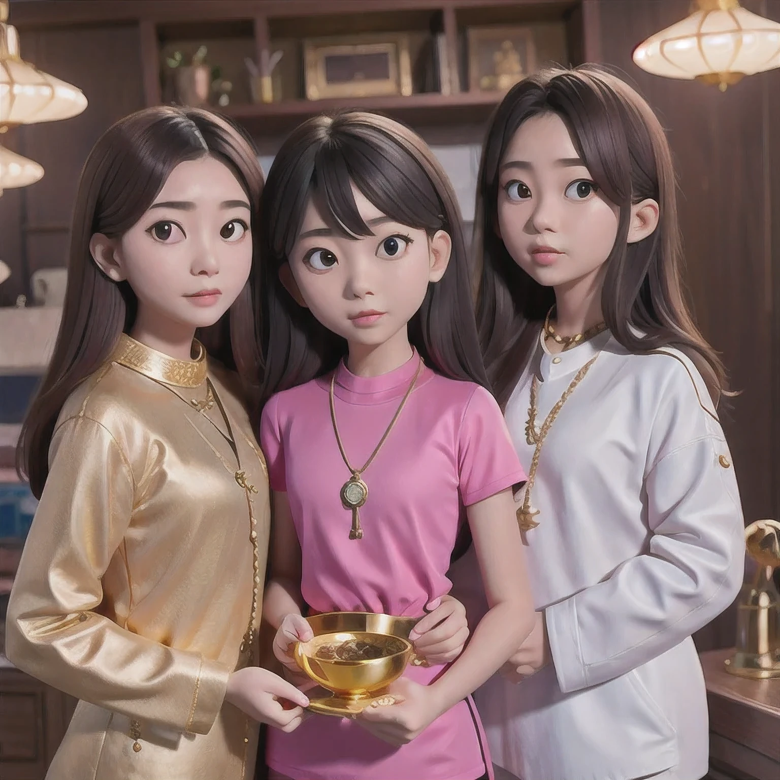  pink shirt and a gold necklace, 18 years old, wearing several pendants, 8k selfie photograph, 1 6 years old, sangsoo jeong, jiyun chae, (18 years old), inspired by Kim Jeong-hui, without makeup, an asian woman, korean woman, kwak ji young, south east asian with round face，（（（ 1 Girl）））Linen future spacesuit