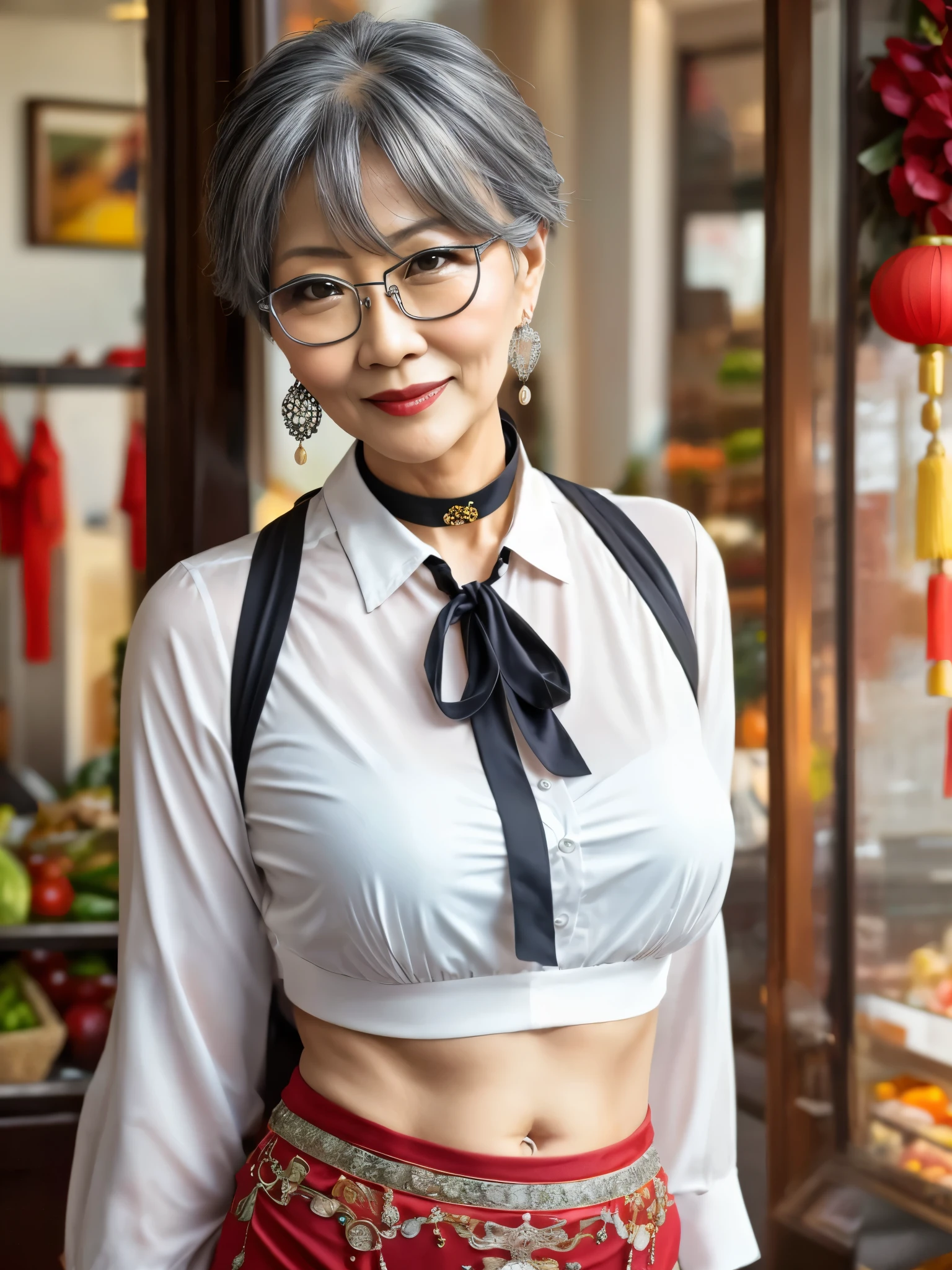 59 years old Mom MILF Chinese Lady large earring Big choker navel piercing decoration A bracelet Silver Hair realisitic Gorgeous Madame Beautiful Mature Woman sexy Smile Gentle woman navel piercing 4K High quality market Marche vegetables Heavy chest Glasses Gorgeous Madame Beautiful Mature Woman