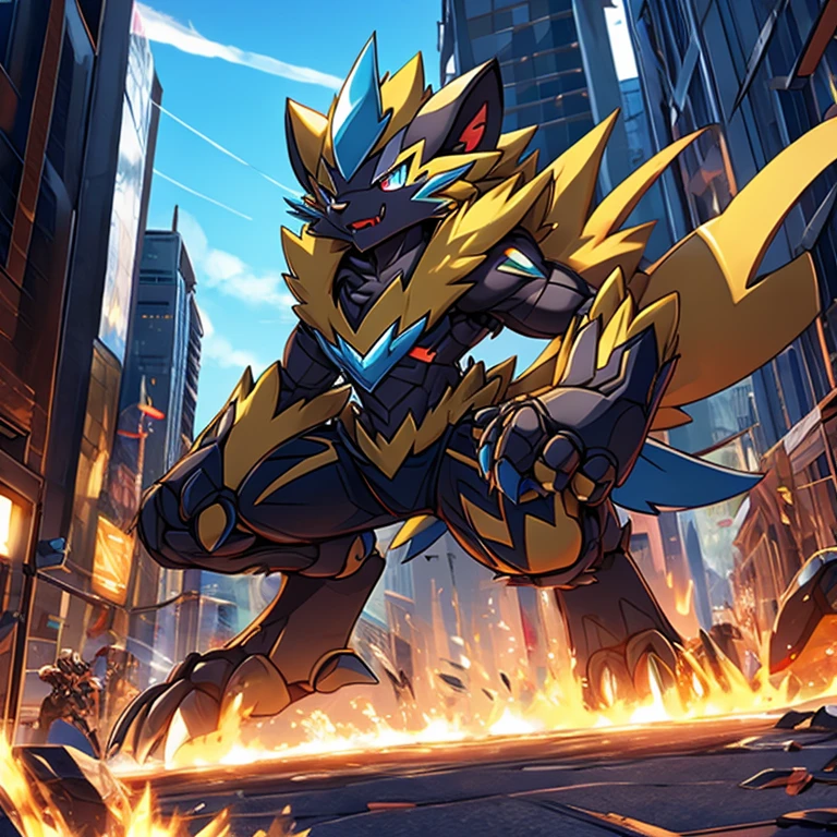 giant Powered exoskeleton with the same design as Zeraora rampage through a city, 
