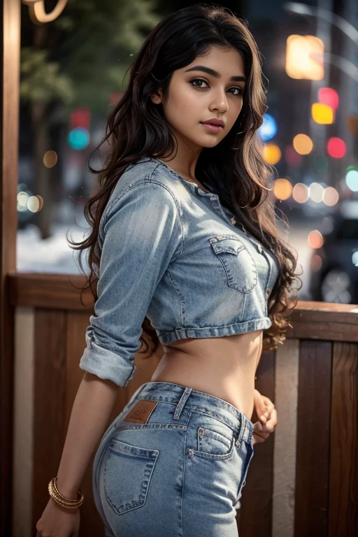 Young Indian woman, top and jeans, club, night, detailed body, detailed face, ultra realistic, charming, cute, big hazel eyes with long curly hair, perfect fingers, ambient lighting, winter, detailed background, 8k