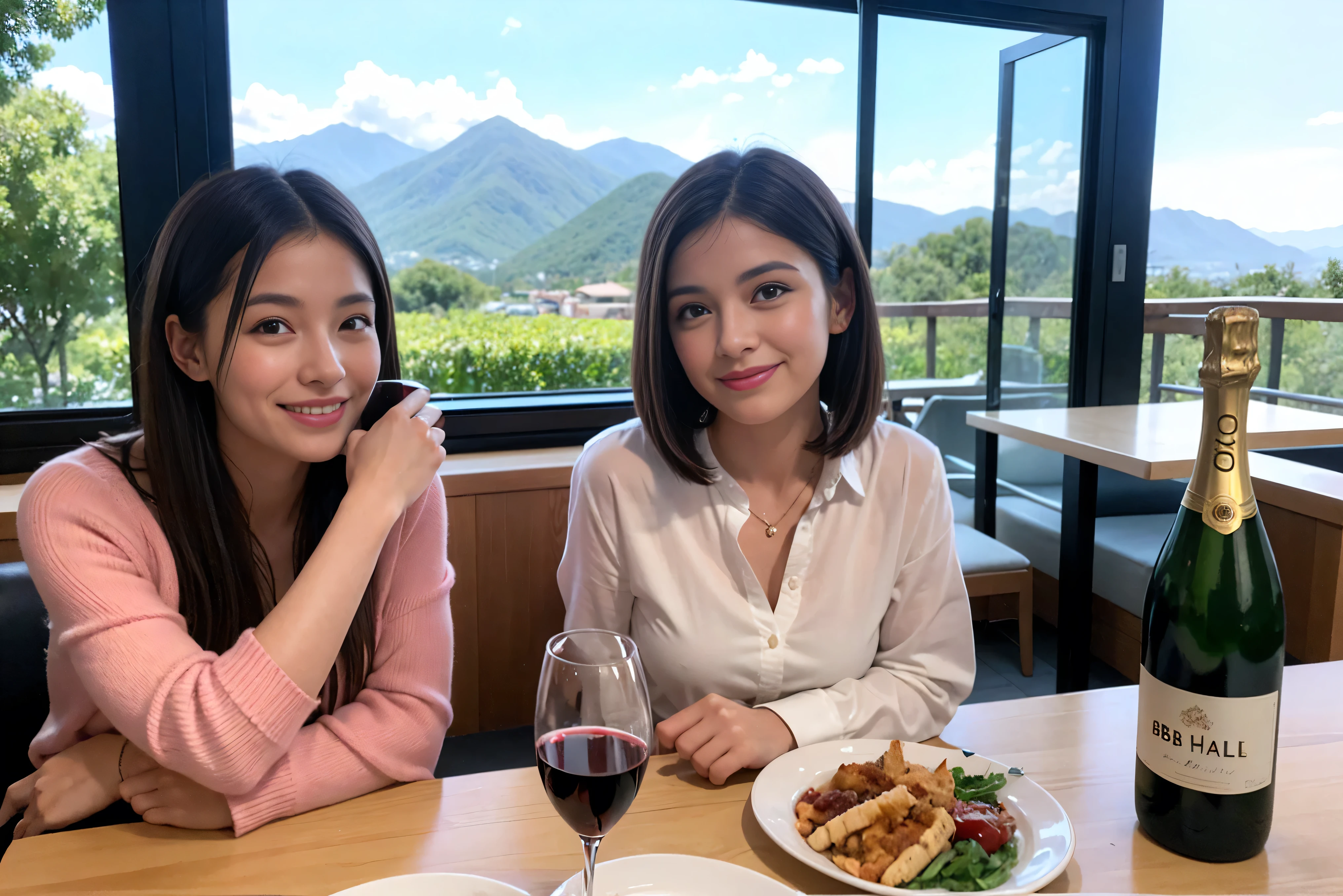 ((highest quality、8k、masterpiece:1.3))、1 male 1 female、spouse、Beautiful couple、smile、 (Slim face), (the body is スリム), (Brown Hair), (Shortcuts), ((Bob Hale、Straight hair:1.2)), Wine glass on the table、Please shine a light on my face、 Amazing view of the sunset sky and clouds、Amazing mountain views、The beauty of a smile、Bright image、Blushing, Shortcuts,Bright Face、 (42 years old), 39 years old, red wine 、Appetizers、Italian food、Wine bottle、Champagne、sparkling wine、Long sleeve shirt、dress、Attractive beauty、restaurant, Nova Frog Style, actress, model, Upper Body, White wine, red wine, wine glass,