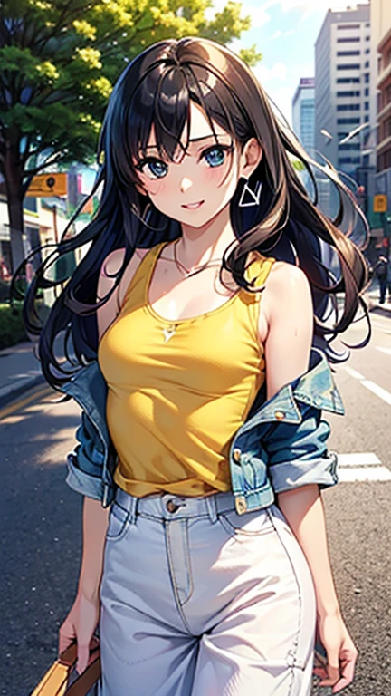 A girl is posing for a photo,pretty girl,Enchanting girl,Anime Girls,
(((One Girl,16 years o 

((Off-white wide pants、Yellow Tank Top、Denim Jacket:1.4))、silver earrings、Silver Necklace BREAK 

((Black Hair)), ((Long Hair、Wavy Hair、Hair blowing in the wind))
(Drooping eyes,blue eyes),(Small breasts),
BREAK 

(Beautiful Hair,Shiny Hair),
(Expression of fine eyes,Beautiful and delicate eyes,Sparkling eyes,Eye Reflexes),
(double eyelid,Long eyelashes),
(Beautiful Nose,Thin Nose),
(Glossy lips,Beautiful Lips,Thick lips),
(Symmetrical facial features,Perfect Face),(((Detailed skin,Oily skin,Textured skin,Beautiful Skin))),
BREAK 

(Wicked Smile),
((noon、Downtown sidewalk:1.4、sunlight、street tree)),((Turn body towards viewer、Cowboy Shot)),
BREAK 

(((highest quality)),((masterpiece)),((Very detailed))),((High resolution),(8k),(16k,1080p),(Anime 2D Rendering)),(Anatomically correct),
((Realistic)), (The best CG),Highly detailed art,CG illustration,
