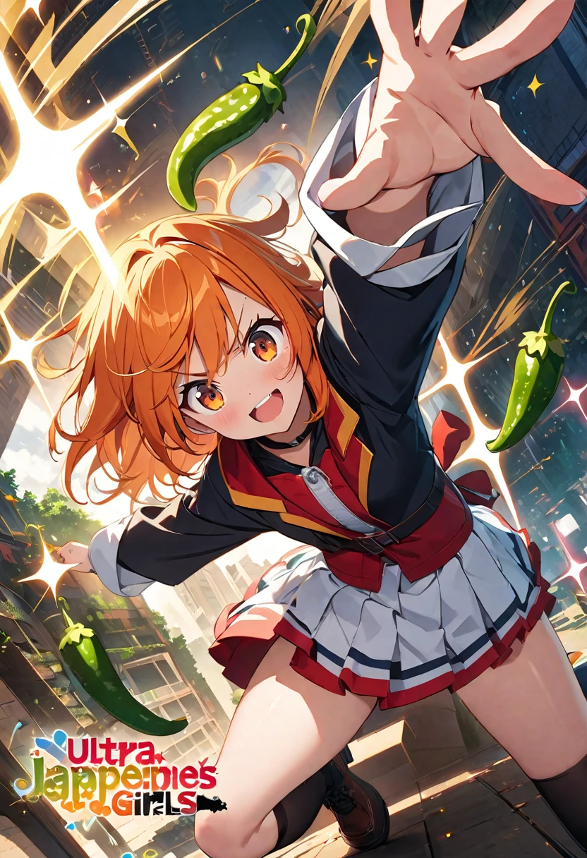 (masterpiece, best quality:1.1),
(ultra highres, ultra-detailed:1.2) ,Fictional anime cover art,anime title is "Chilipepper Girls",heroine name is "Jalapeno",orange hair, Clothes,dynamic pose,(Sparkle:1.2) ,