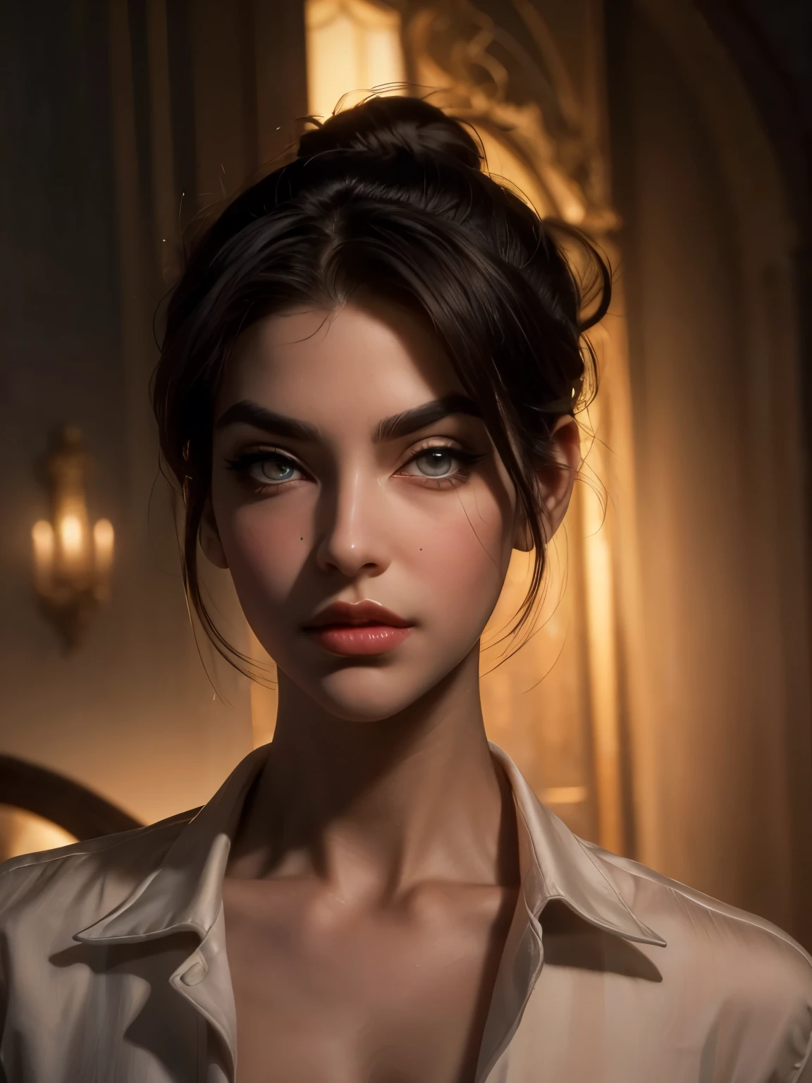 ((( portrait))) of beautiful brunette (female) in her 30s ,mature look, (small mouth) but (thick kissable lips), shy gaze, ((((tiny snob nose)))) ,( prefect shaped eyes),((golden eyes)) ,long eyelashes, eyeliner ,((( thick eyebrows))) , charming, cute ,  ((( sleek slicked back hair bun ))), ( black hair), fair skin, modern look, stylish , classy,  wearing Unbuttoned classic shirt, clivage ,  Castlevania style