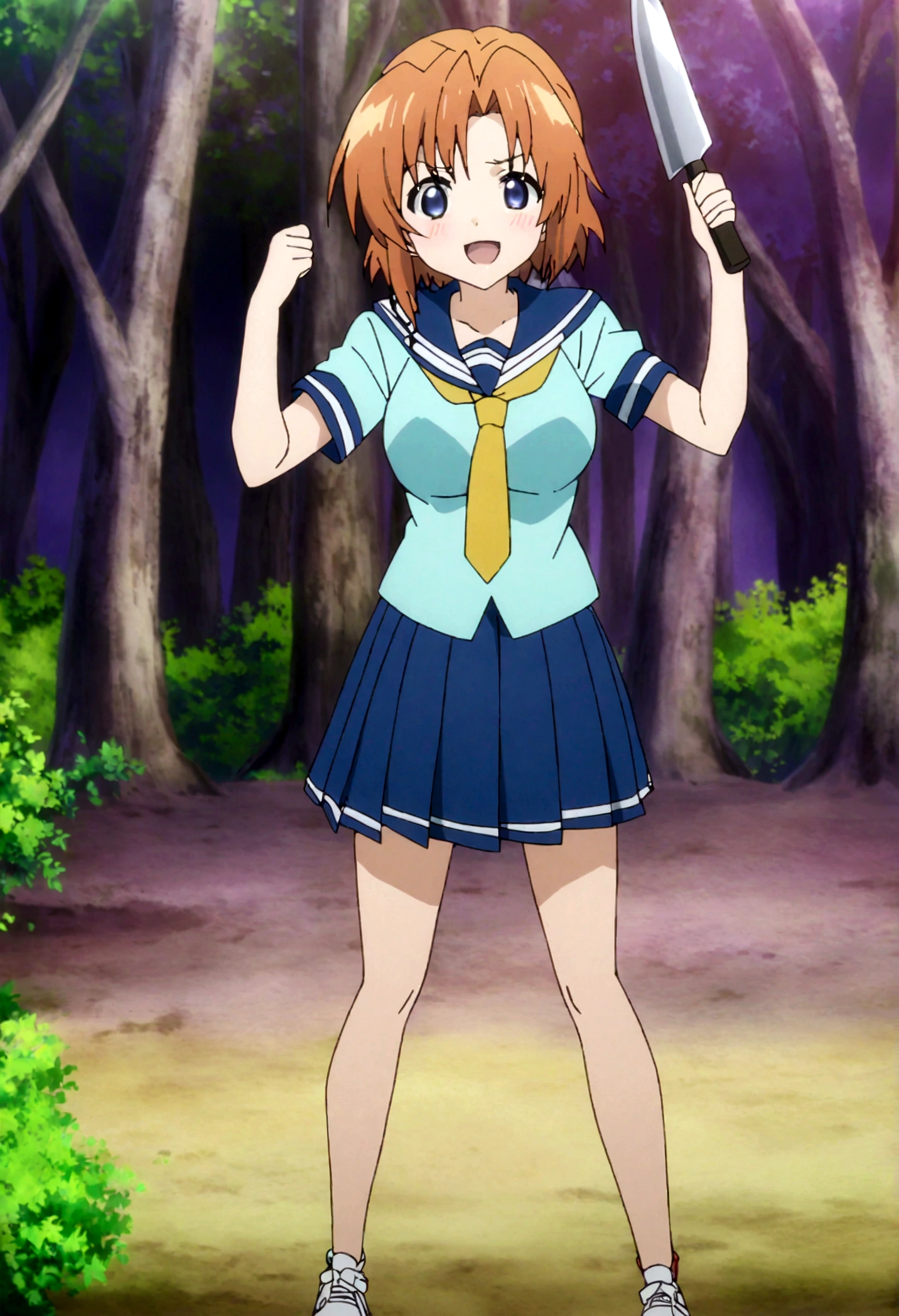 score_9, score_8_up, score_7_up, score_6_up, source_anime, anime screencap, anime coloring, 1girl, ryuuguu rena, solo, teenage, kawaii, breasts, medium breasts, blue eyes, blush, open mouth, orange hair, short hair, big breasts, simple background, white background, blue , serafuku, skirt, smile, pleated skirt, blue skirt, necktie, yellow necktie,fullbody,holding machete,hands up,straight-on,looking at viewer,battle stance,dynamic angle,forest,sunset,