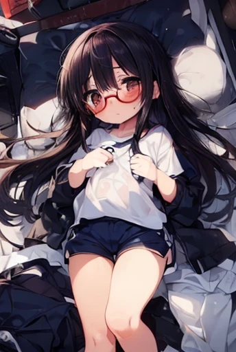 (Big red round glasses:1.3)、(Timid girl、sorrow、blush、Watery eye:1.2)、Long black hair、White short sleeve shirt、(Navy blue shorts:1.5)、(Gym suit)、 、Flat body、Thin thighs