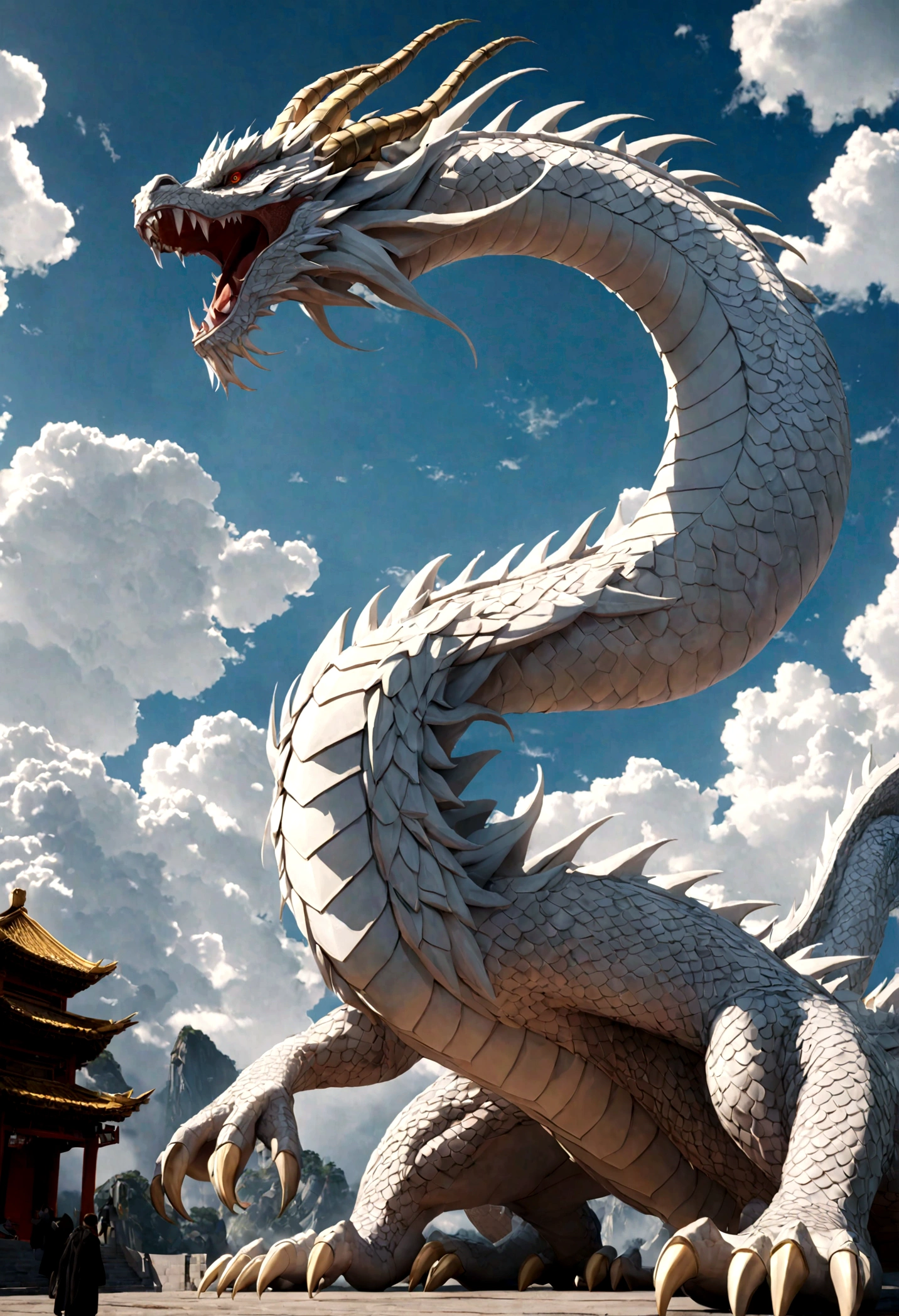 (masterpiece), (The best quality at its best), Cinematic Quality,Rendering with Octane,Ultra-detailed details,Cloud dragon made of white clouds,giant chinese dragon,Slender Dragon Body,Body of Revolution,Dragon Tail,Dragon Horn,Dragon Claw,